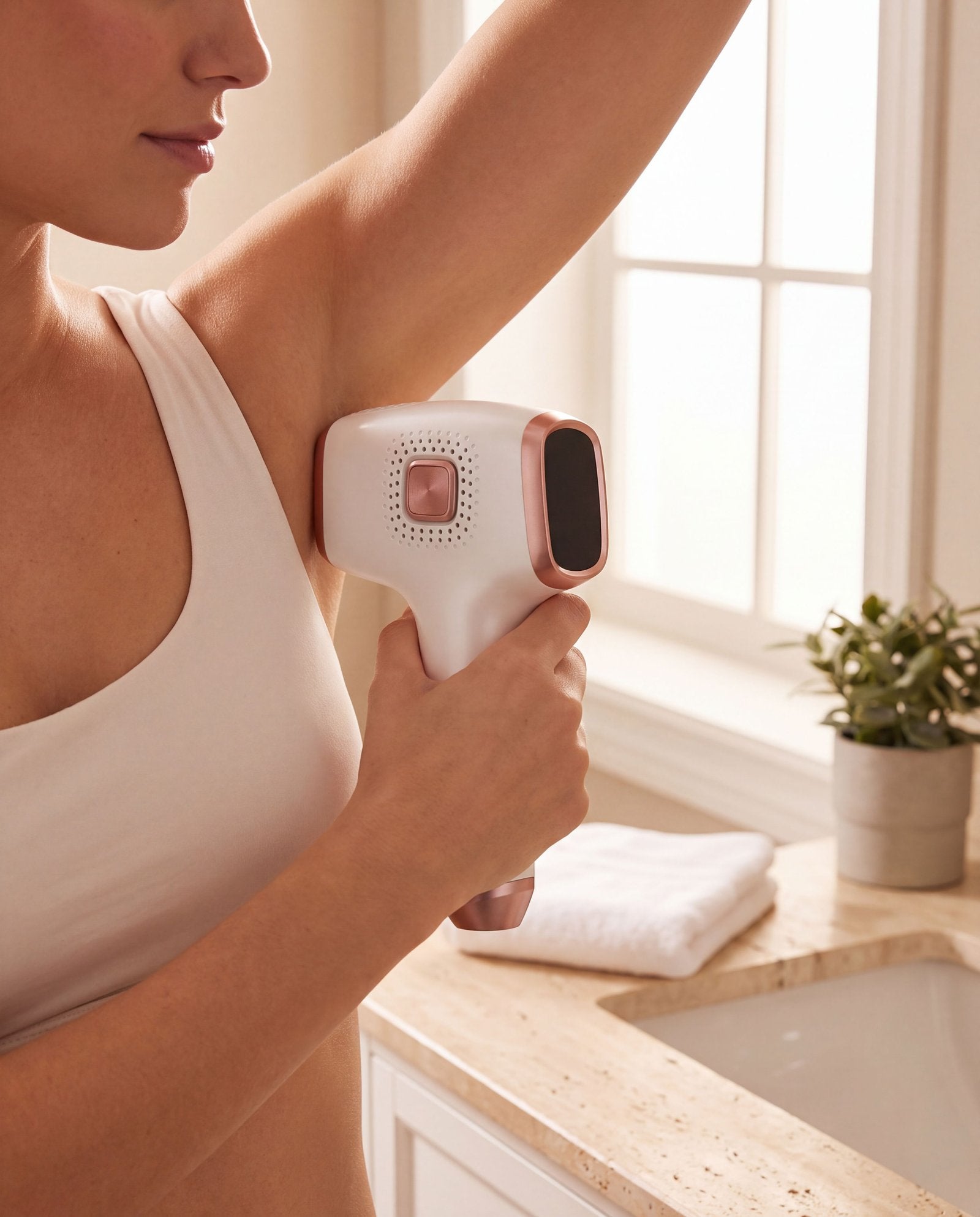 A woman pressing the Pearl 01 flat against her underarm at a bright bathroom vanity
